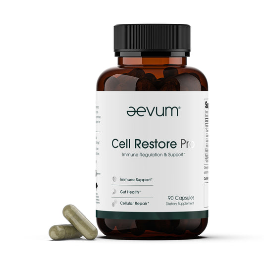 A brown bottle labeled "Aevum Cell Restore Pro (90 Caps) Bottle" from Longevity Launch Labs Practitioner Store is shown with two green capsules on a white background.