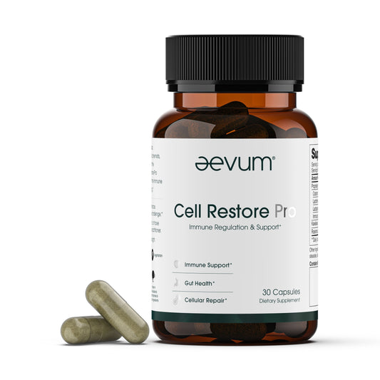 A brown bottle labeled "Aevum Cell Restore 30 Caps" by Longevity Launch Labs Practitioner Store is shown with two green capsules. The label emphasizes immune support, gut health, and cellular repair for overall longevity.