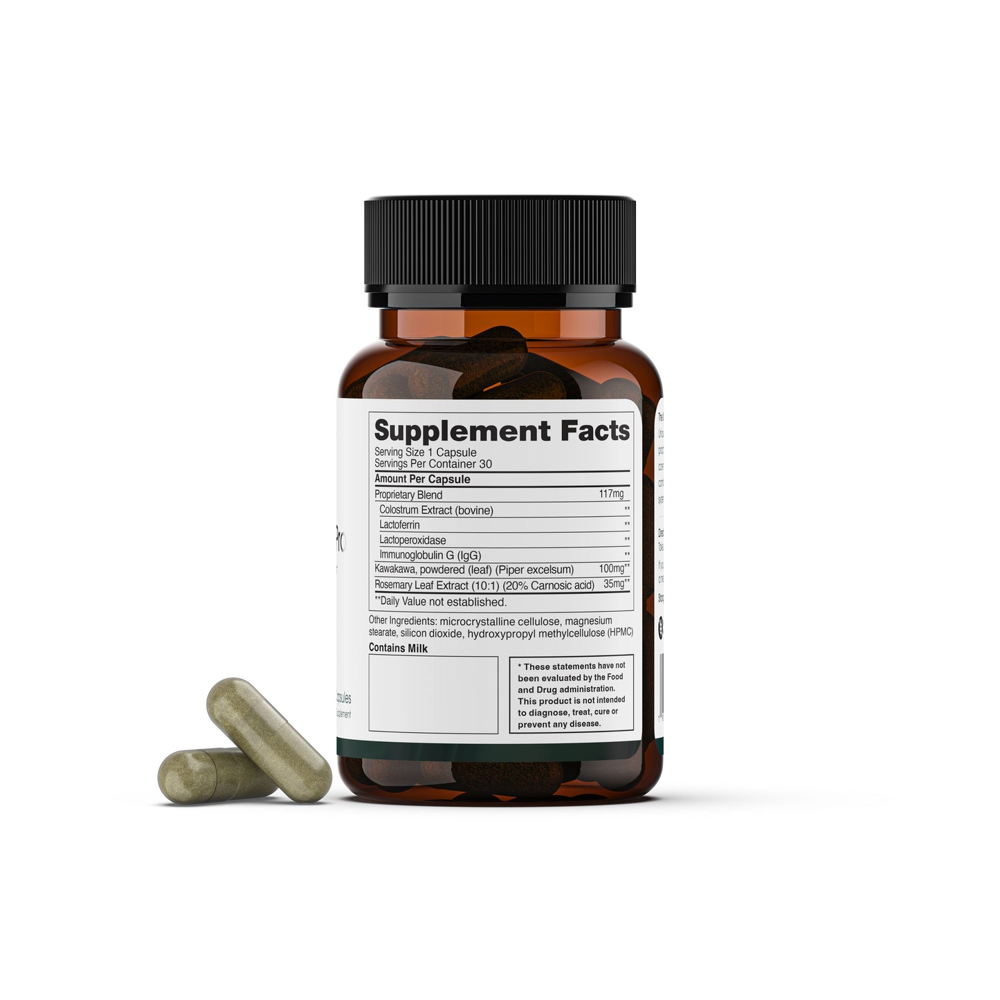 A brown bottle of Aevum Cell Restore 30 Caps by Longevity Launch Labs Practitioner Store, featuring a Supplement Facts label, sits next to two green capsules on a white background, supporting immune health and longevity.