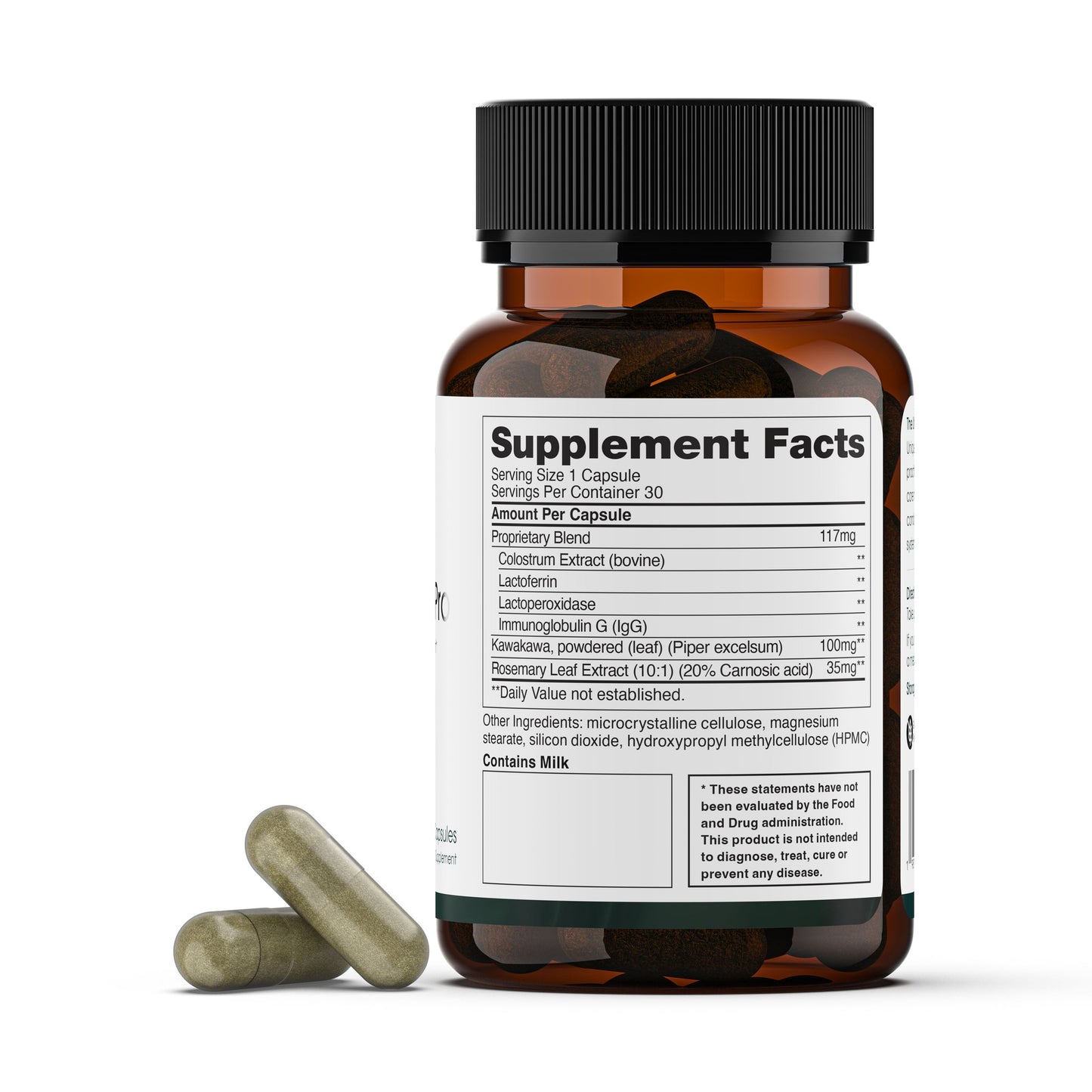 A brown bottle of Aevum Cell Restore 30 Caps by Longevity Launch Labs Practitioner Store, featuring a Supplement Facts label, sits next to two green capsules on a white background, supporting immune health and longevity.