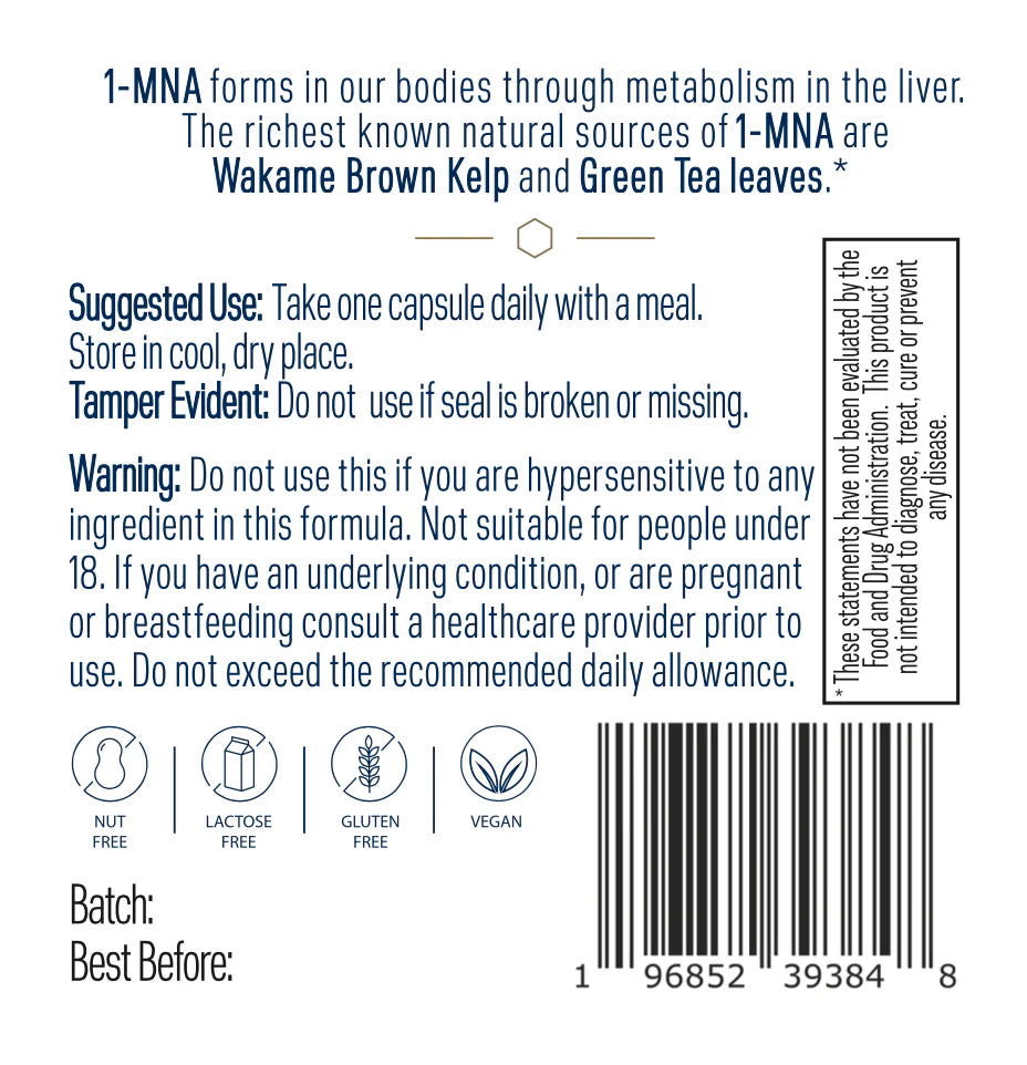 The Endotelio 1-MNA supplement label by OHP Health shows dosage instructions, tamper warning, allergy advice, and icons for nut-free, lactose-free, gluten-free, vegan. Includes batch info, best before date, barcode—supports cardiovascular health.