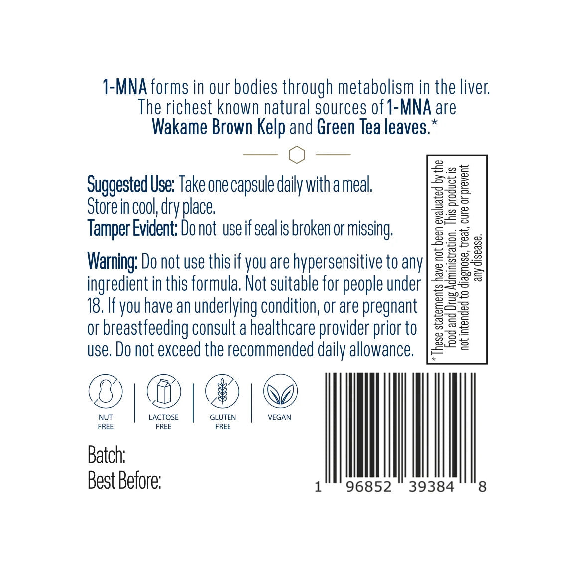 The Endotelio 1-MNA supplement label by OHP Health shows dosage instructions, tamper warning, allergy advice, and icons for nut-free, lactose-free, gluten-free, vegan. Includes batch info, best before date, barcode—supports cardiovascular health.