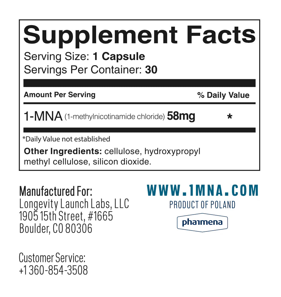 Endotelio 1-MNA by OHP Health: Supplement Facts for each capsule (58mg/serving) support cardiovascular health; label lists additional ingredients and manufacturer contact details.