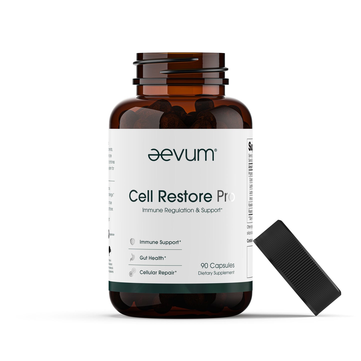 A brown bottle of Aevum Cell Restore Pro (90 Caps) by Longevity Launch Labs Practitioner Store is shown with the lid off and capsules beside it.