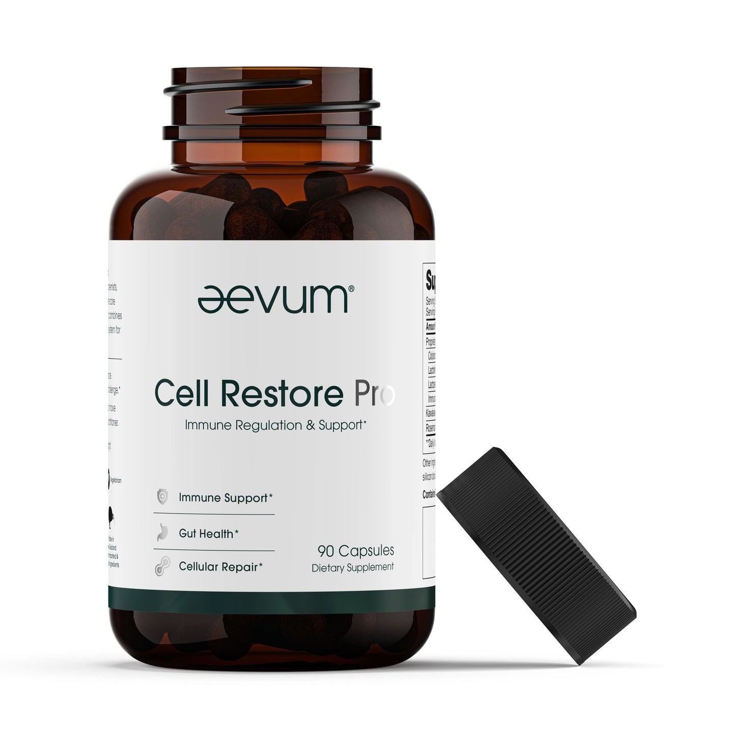 A brown bottle of Aevum Cell Restore Pro (90 Caps) by Longevity Launch Labs Practitioner Store is shown with the lid off and capsules beside it.