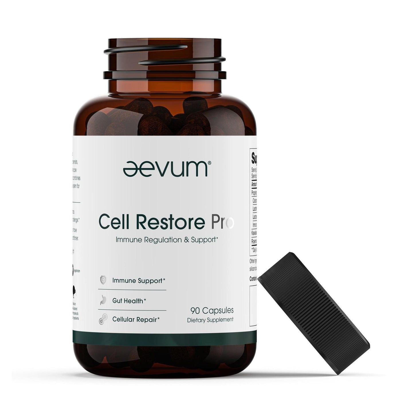 A brown bottle of Aevum Cell Restore Pro (90 Caps) by Longevity Launch Labs Practitioner Store is shown with the lid off and capsules beside it.