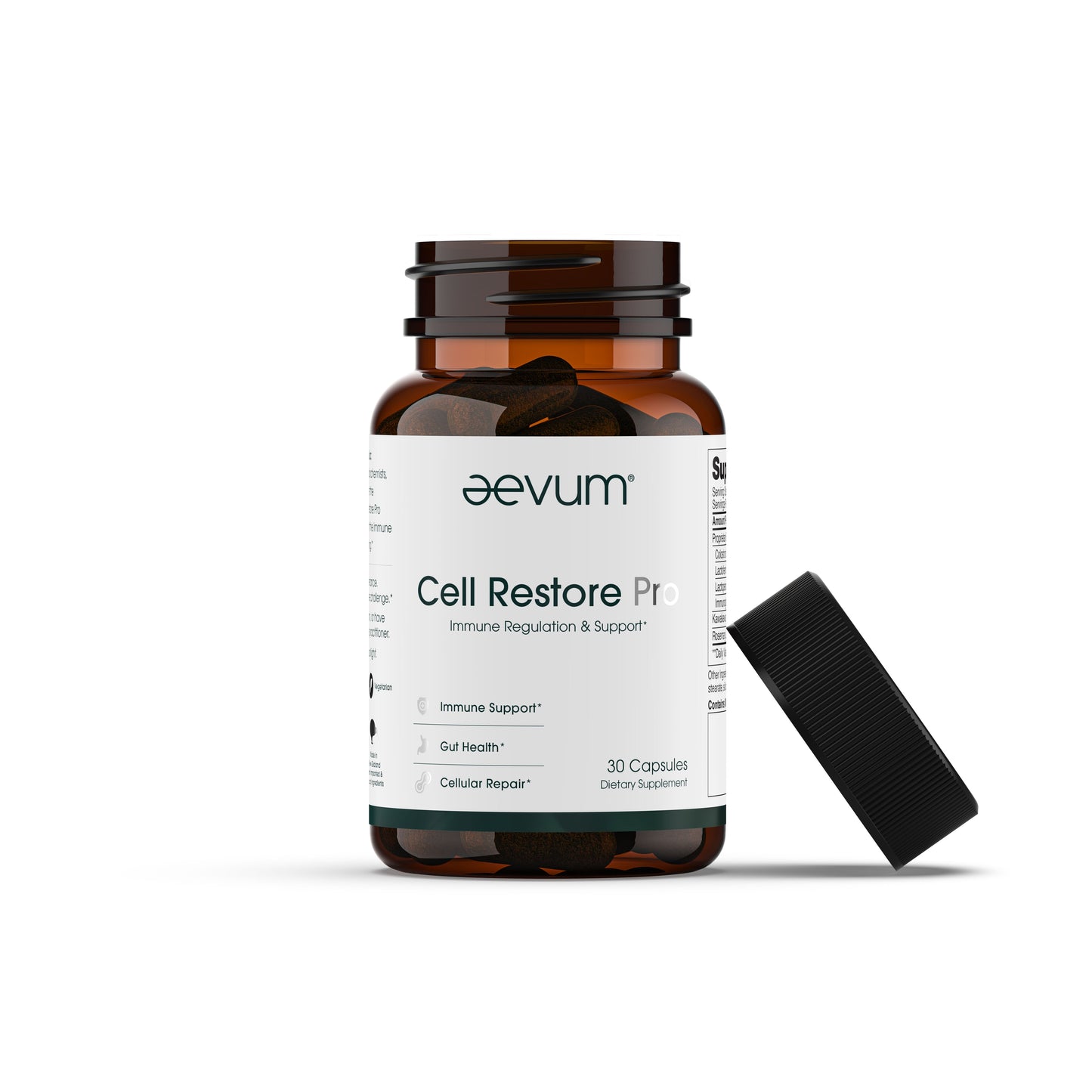 A brown bottle labeled "Aevum Cell Restore 30 Caps" from Longevity Launch Labs Practitioner Store with a black lid lies on its side. The label features immune support, gut health, and cellular repair for optimal longevity support.