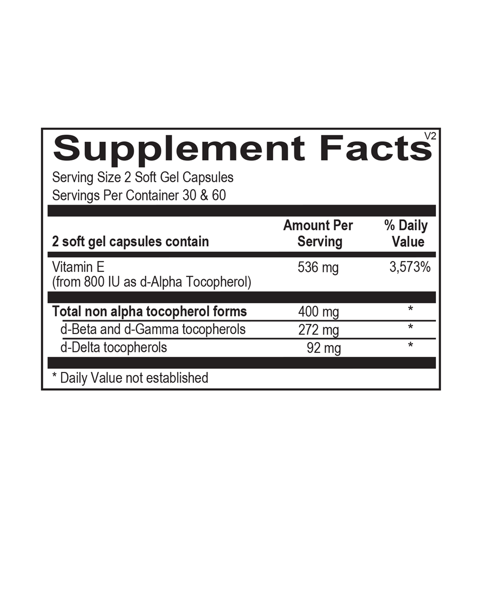 OHP Health Vitamin E Pro (60 count) Supplement Facts: Serving size—2 softgels with 536 mg Vitamin E, including 272 mg d-Gamma and 92 mg d-Delta tocopherols; provides 400 mg total non-alpha tocopherols for antioxidant and cardiovascular support.