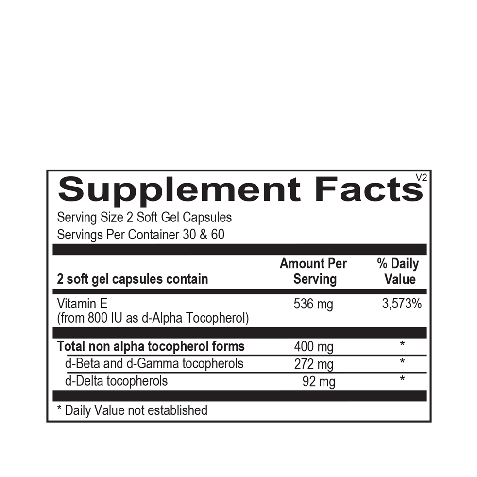 OHP Health Vitamin E Pro (60 count) Supplement Facts: Serving size—2 softgels with 536 mg Vitamin E, including 272 mg d-Gamma and 92 mg d-Delta tocopherols; provides 400 mg total non-alpha tocopherols for antioxidant and cardiovascular support.