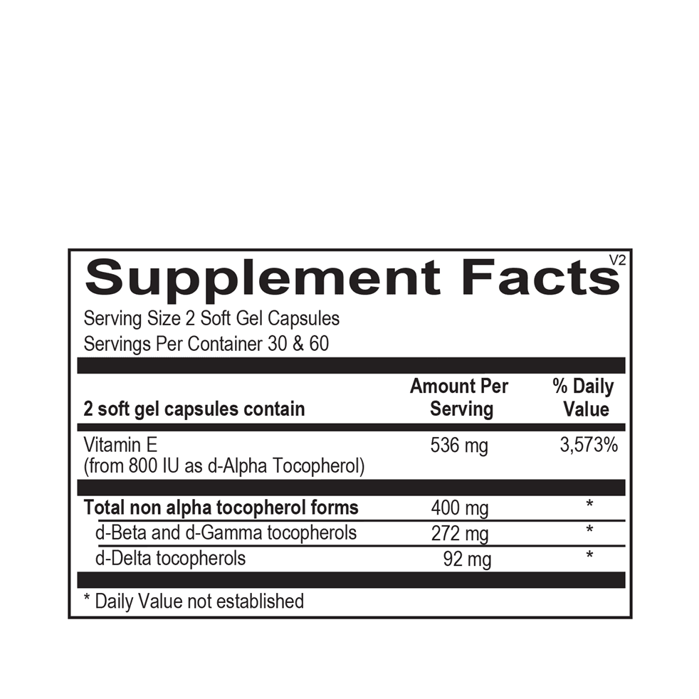 OHP Health Vitamin E Pro (60 count) Supplement Facts: Serving size—2 softgels with 536 mg Vitamin E, including 272 mg d-Gamma and 92 mg d-Delta tocopherols; provides 400 mg total non-alpha tocopherols for antioxidant and cardiovascular support.