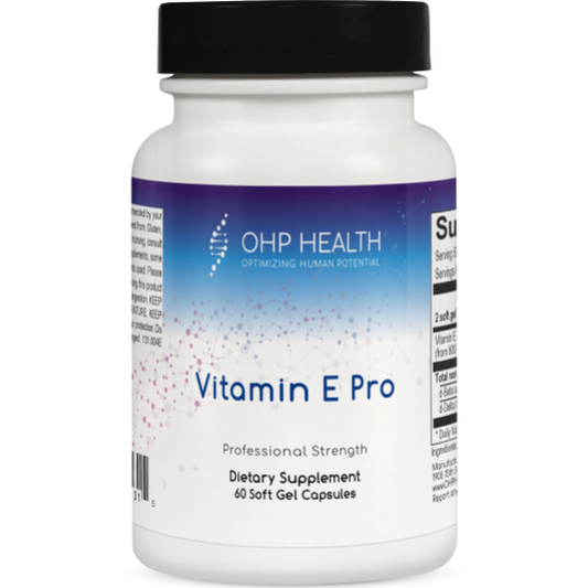 OHP Health Vitamin E Pro | 60 count — professional-strength Vitamin E supplement in a white bottle with 60 softgels, formulated to support antioxidant protection and cardiovascular health.