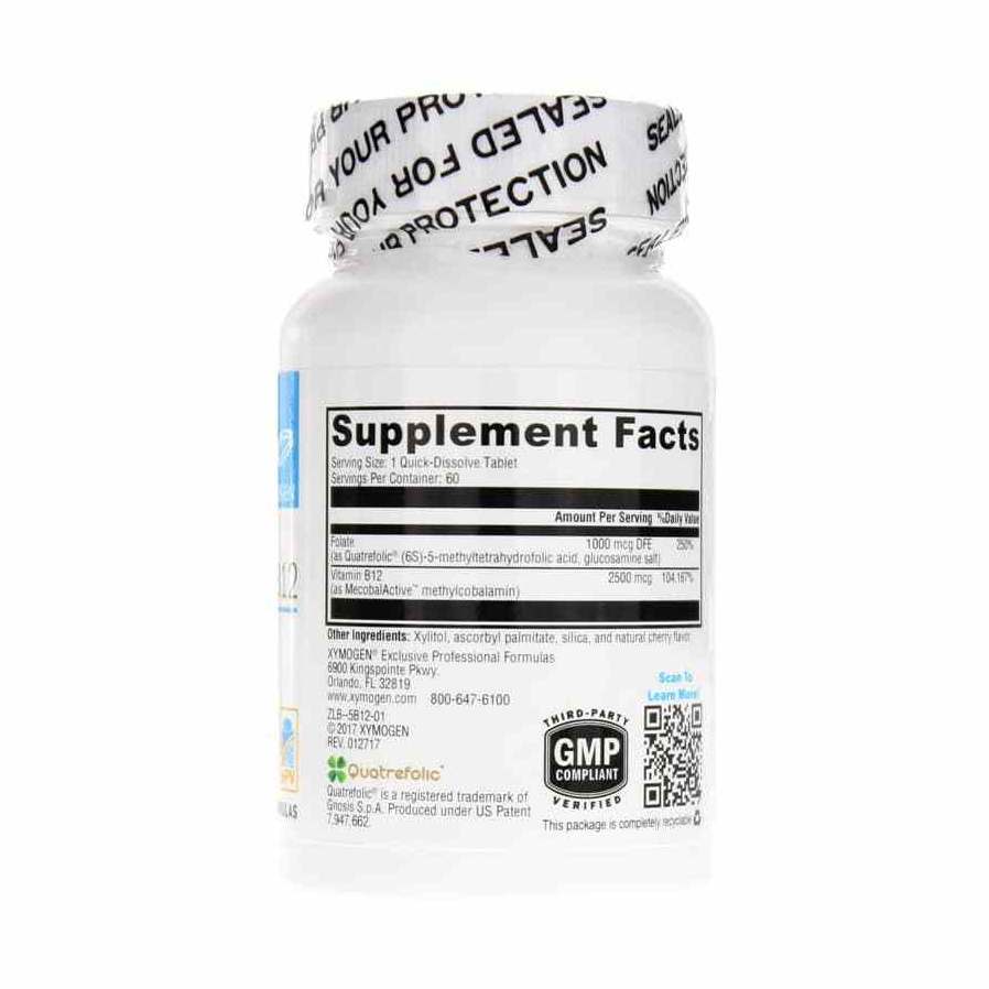The 5-MTHF Plus B12 Cherry by XYMOGEN® is a white supplement bottle with a "Supplement Facts" label, sealed cap, and third-party certification. It also provides contact information and contains key ingredients like methylcobalamin and 5-MTHF for optimal wellness.