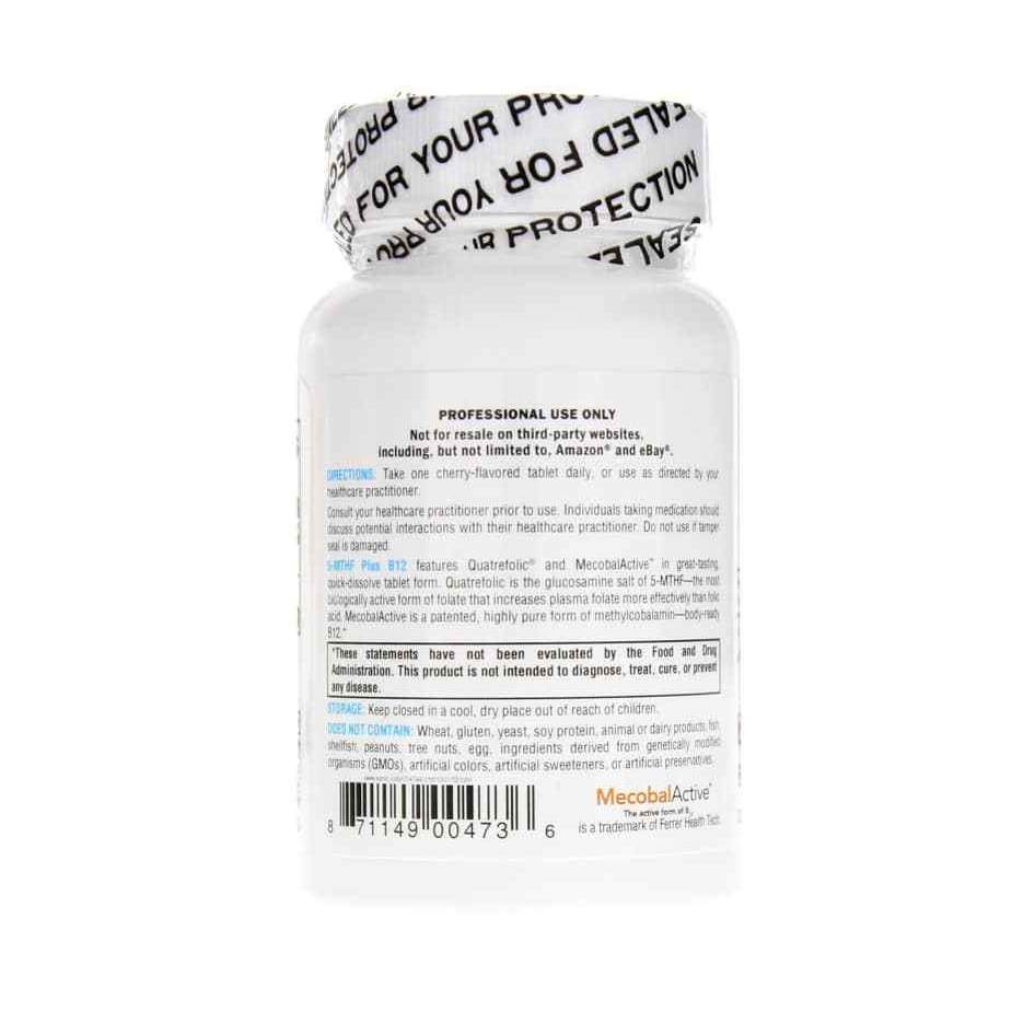 Back view of a 5-MTHF Plus B12 Cherry bottle by XYMOGEN®, with "FOR YOUR PROTECTION" on the cap, usage and  warnings about 5-MTHF and methylcobalamin detailed, and barcode with product code at the bottom.