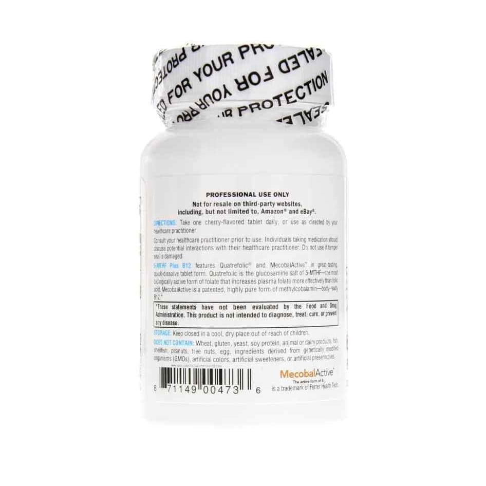 Back view of a 5-MTHF Plus B12 Cherry bottle by XYMOGEN®, with "FOR YOUR PROTECTION" on the cap, usage and warnings about 5-MTHF and methylcobalamin detailed, and barcode with product code at the bottom.