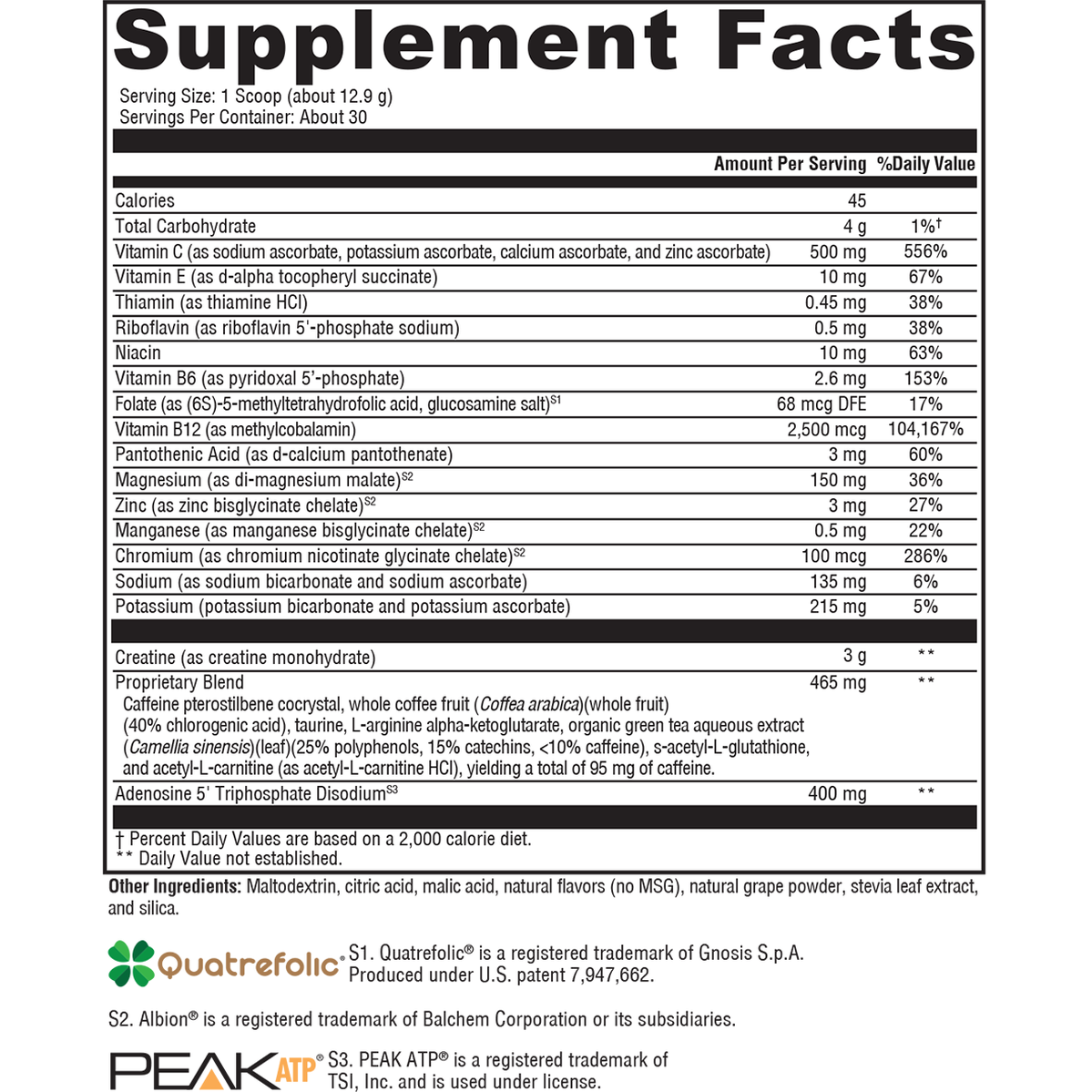 Supplement facts label for ATP Ignite™ Workout Mixed Berry by XYMOGEN®, shows nutrition per scoop—calories, vitamins, minerals, and workout enhancers. Branding and trademark info included at the bottom. 30 servings.