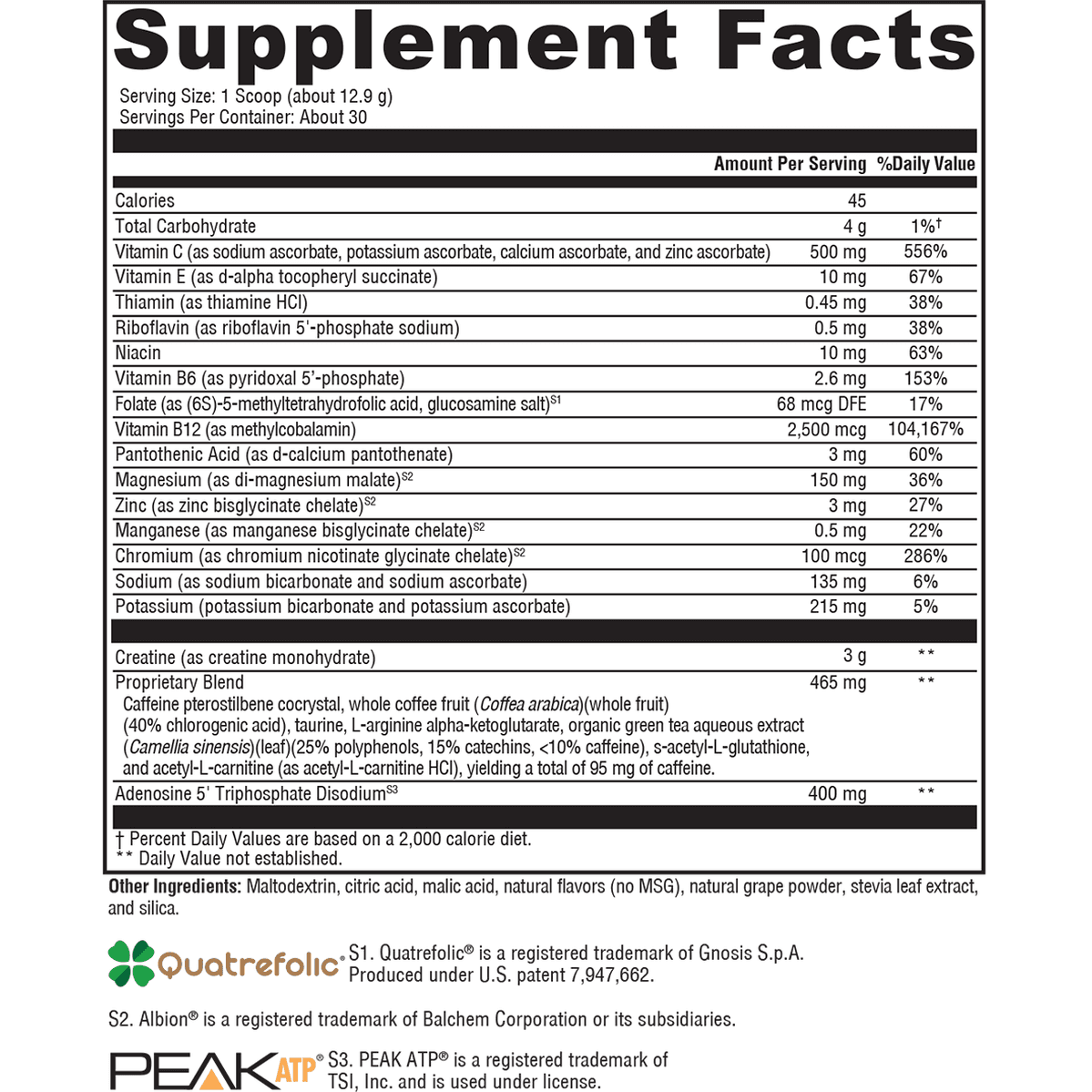 Supplement facts label for ATP Ignite™ Workout Mixed Berry by XYMOGEN®, shows nutrition per scoop—calories, vitamins, minerals, and workout enhancers. Branding and trademark info included at the bottom. 30 servings.