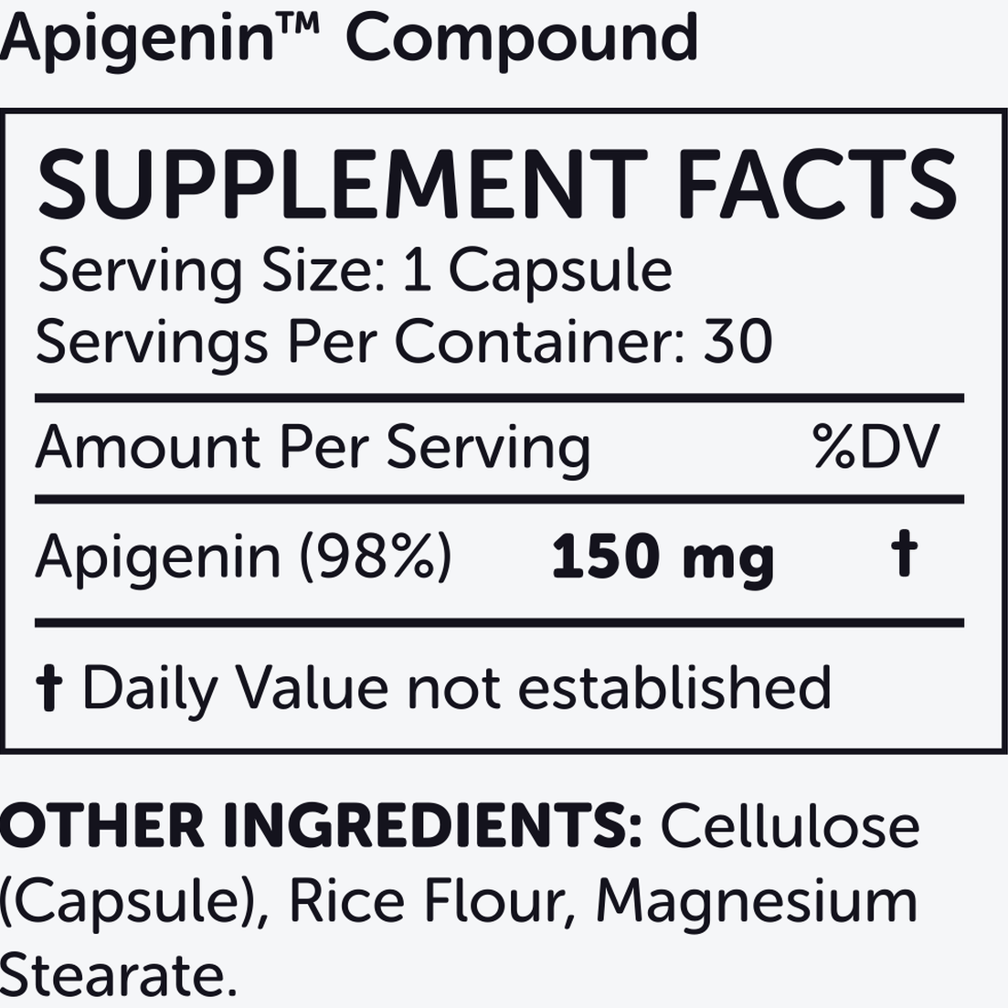 Supplement facts label for nuBioAge Apigenin. Serving size: 1 capsule, with 30 capsules per container. Contains 150 mg of Apigenin (98%), known to support gut microbiota balance. Other ingredients include cellulose, rice flour, and magnesium stearate.
