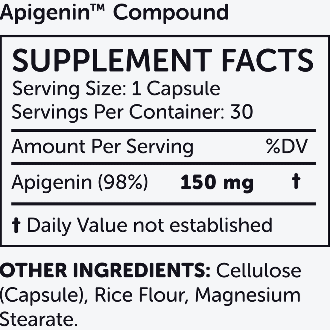Supplement facts label for nuBioAge Apigenin. Serving size: 1 capsule, with 30 capsules per container. Contains 150 mg of Apigenin (98%), known to support gut microbiota balance. Other ingredients include cellulose, rice flour, and magnesium stearate.