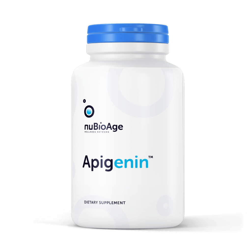 A 30-count bottle, branded as nuBioAge Apigenin in white with a blue cap, this dietary supplement aids in maintaining healthy gut microbiota for overall wellness.