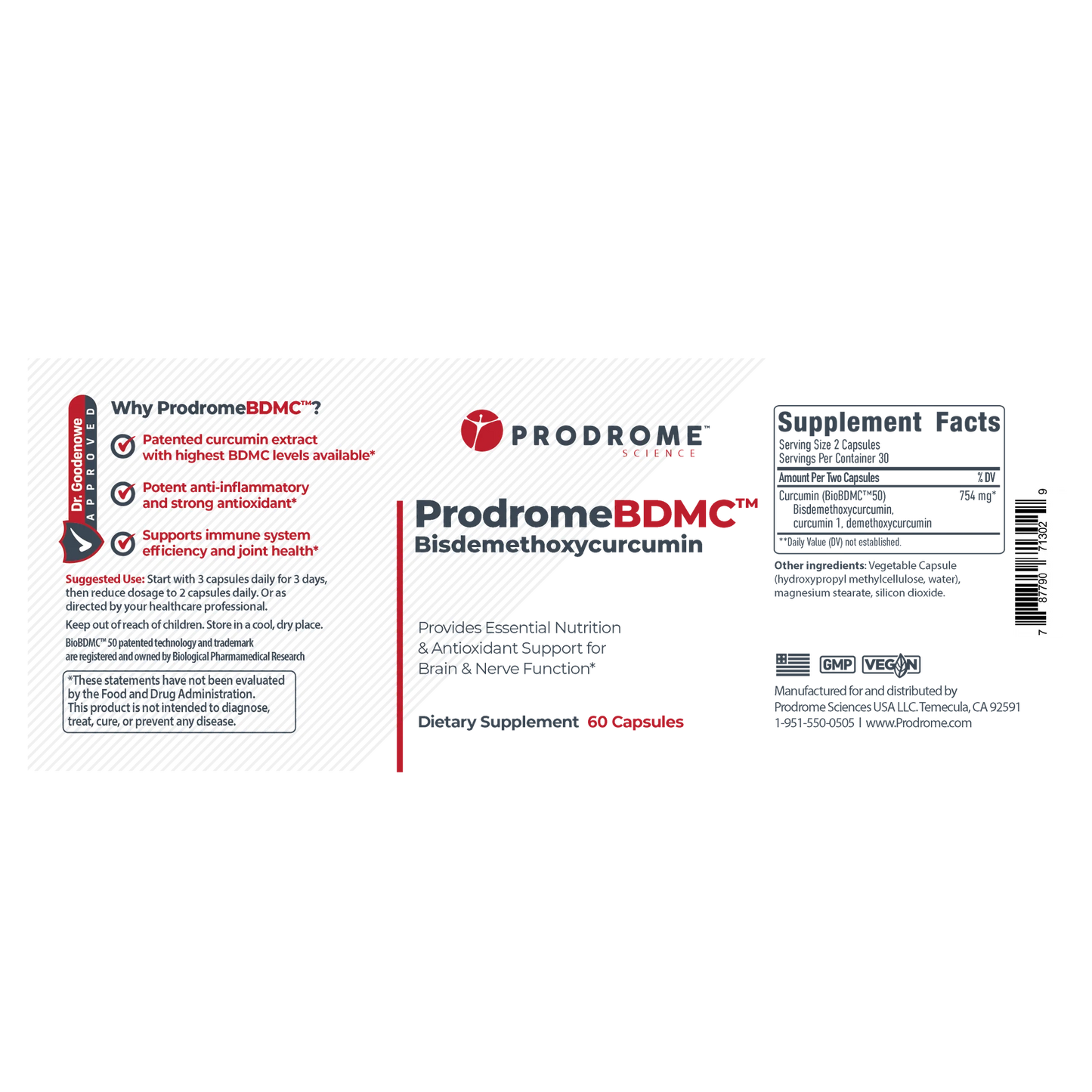 The OHP Health Prodrome BDMC Curcumin (GTA) supplement label lists the product name, key ingredient bisdemethoxycurcumin, supplement facts, health claims, and shows the bottle contains 60 capsules.
