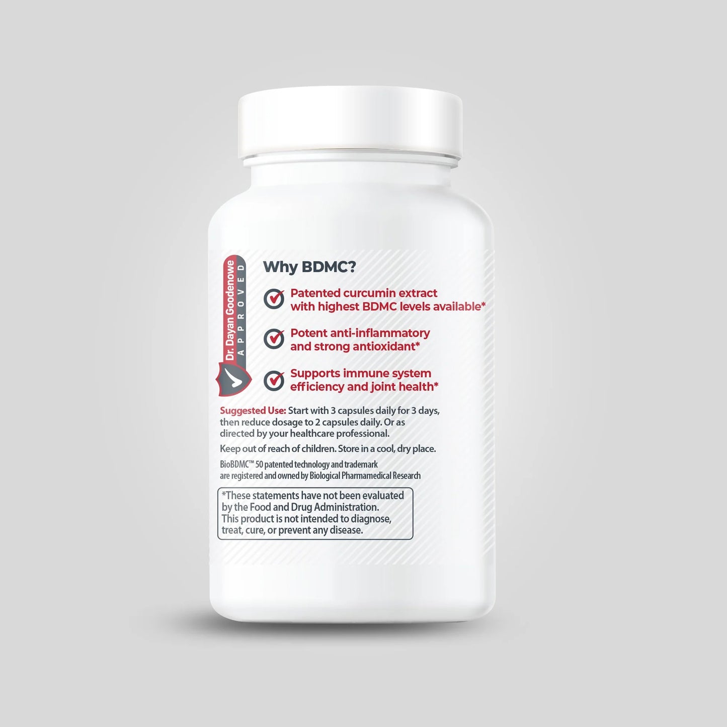 White bottle labeled "Prodrome BDMC Curcumin (GTA)" by OHP Health features patented bisdemethoxycurcumin for anti-inflammatory and immune support; suggested use instructions are also displayed. Contains 60 capsules.