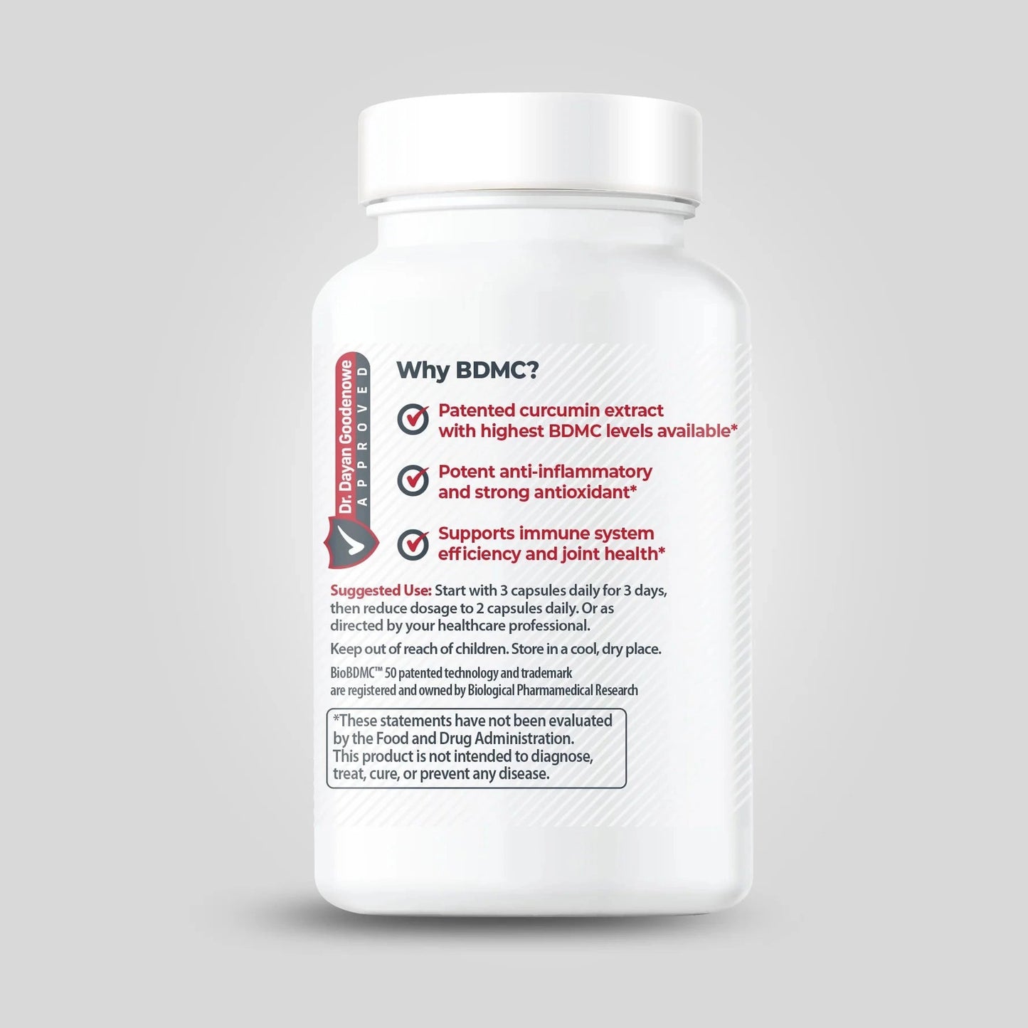 White bottle labeled "Prodrome BDMC Curcumin (GTA)" by OHP Health features patented bisdemethoxycurcumin for anti-inflammatory and immune support; suggested use instructions are also displayed. Contains 60 capsules.