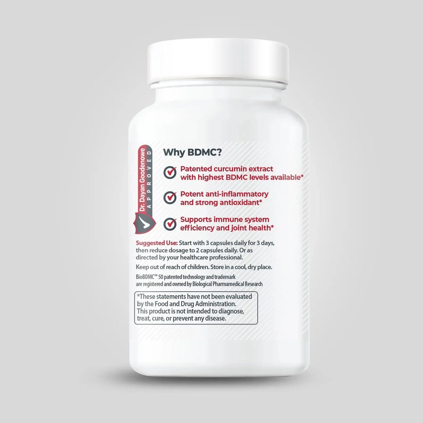 White bottle labeled "Prodrome BDMC Curcumin (GTA)" by OHP Health features patented bisdemethoxycurcumin for anti-inflammatory and immune support; suggested use instructions are also displayed. Contains 60 capsules.