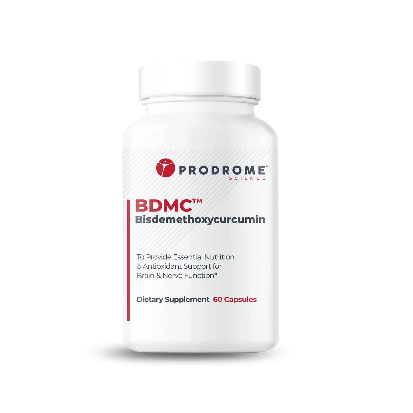 A white bottle labeled "Prodrome BDMC Curcumin (GTA)" by OHP Health, containing 60 capsules of curcuminoids for brain and nerve function support.