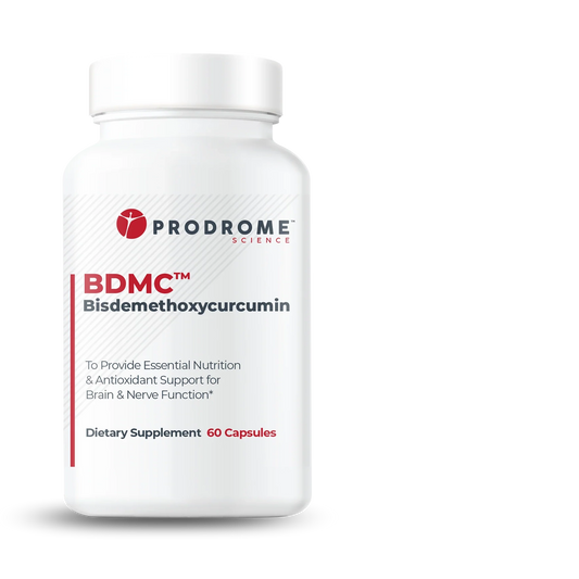 A white bottle labeled "Prodrome BDMC Curcumin (GTA)" by OHP Health, containing 60 capsules of curcuminoids for brain and nerve function support.