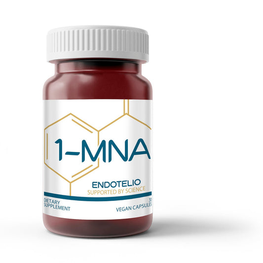 A bottle labeled "Endotelio 1-MNA" from OHP Health, advertised as a dietary supplement with vegan capsules, helps support optimal NAD levels and is linked to NNMT regulation.