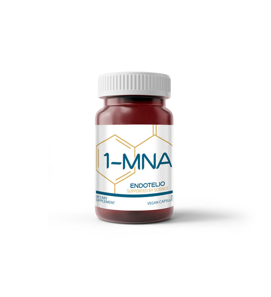 Bottle of Menavitin Endotelio 1-MNA dietary supplement with vegan capsules on a white background, enhancing NNMT and NAD levels.