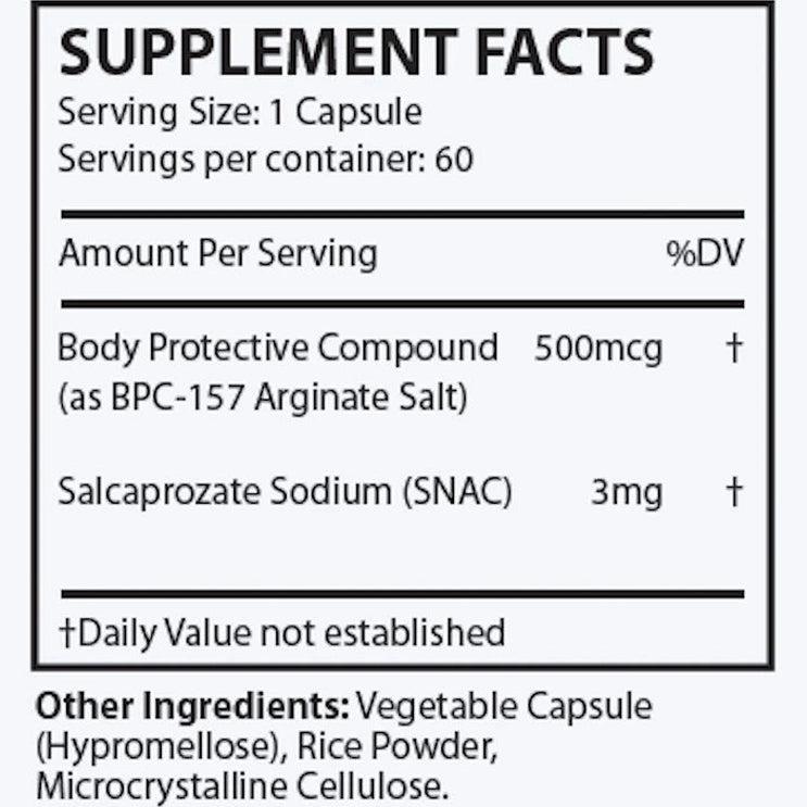 OHP Health's BPC-157 supplement, with 60 capsules per container, features BPC-157 Arginate Salt (500mcg) and Salcaproate Sodium (3mg). Daily value not established.