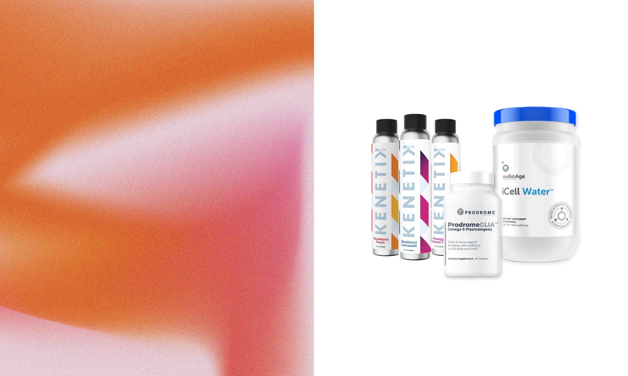 Abstract orange and white gradient on the left; on the right, five health supplement containers with various labels and designs on a plain white background.