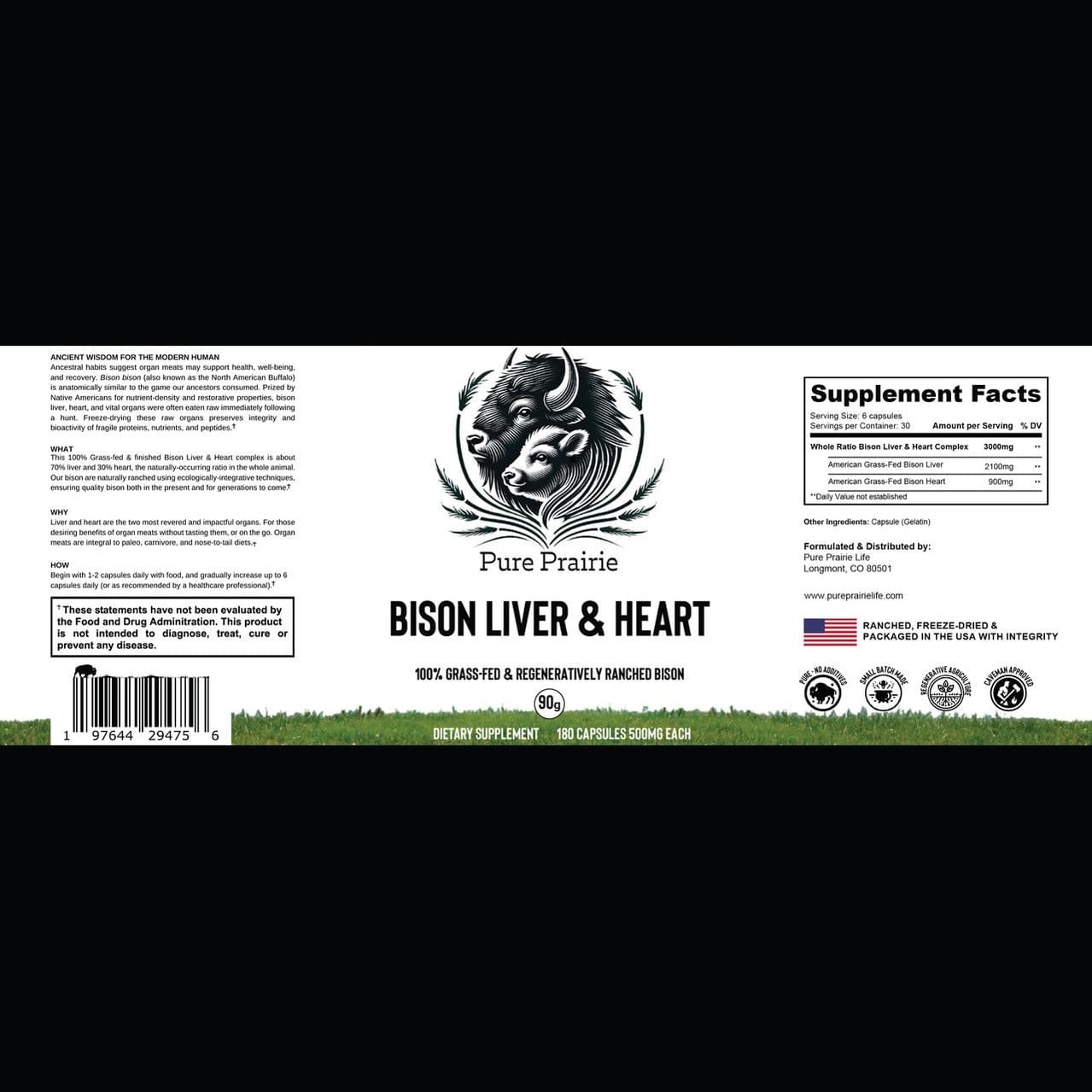 Label for Pure Prairie Bison Liver & Heart Complex (180 Capsules) with grass-fed bison and elk illustrations, supplement facts, usage instructions, and product details emphasizing nutrient-rich organ meats.