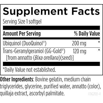 The supplement facts label for OHP Health CoQ Gen | 200mg 60 count softgels lists 200 mg Ubiquinol (CoQ10 for mitochondrial health) and 120 mg trans-Geranylgeraniol per serving; additional ingredients are shown below.
