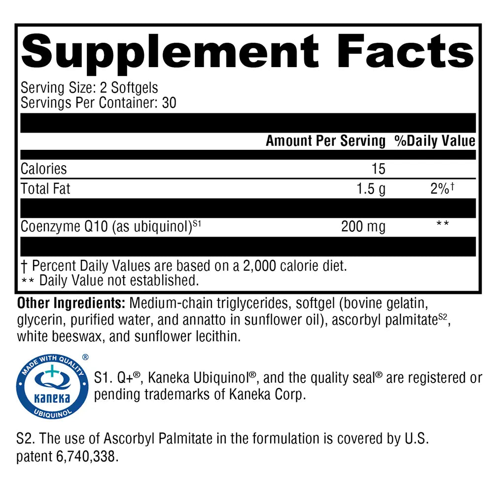 Supplement Facts label for OHP Health CoQ Gen 200mg softgel (60 ct): each serving contains 15 calories, 1.5g fat, and 200mg CoQ10, along with other ingredients and trademark details.
