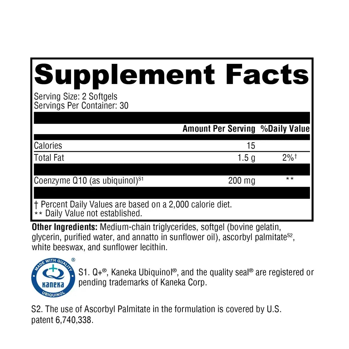 Supplement Facts label for OHP Health CoQ Gen 200mg softgel (60 ct): each serving contains 15 calories, 1.5g fat, and 200mg CoQ10, along with other ingredients and trademark details.
