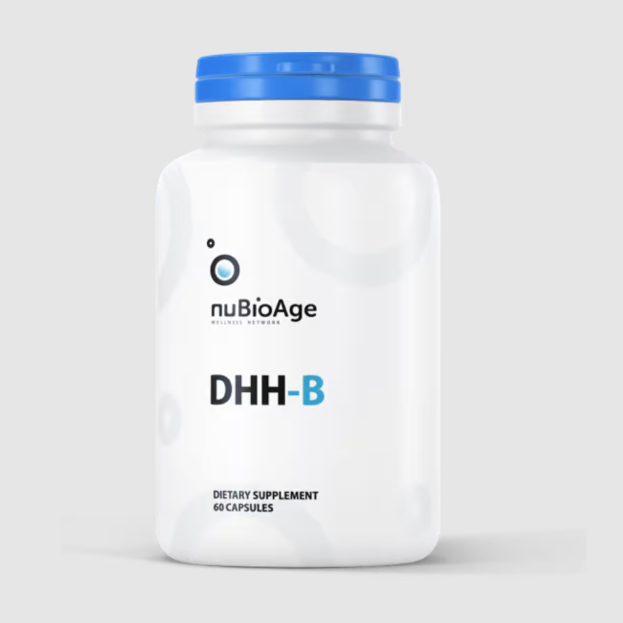 A bottle of OHP Health's DHH-B dietary supplement, containing anti-anxiety magnolia bark and a blue cap, labeled for 60 capsules, is displayed against a plain background.