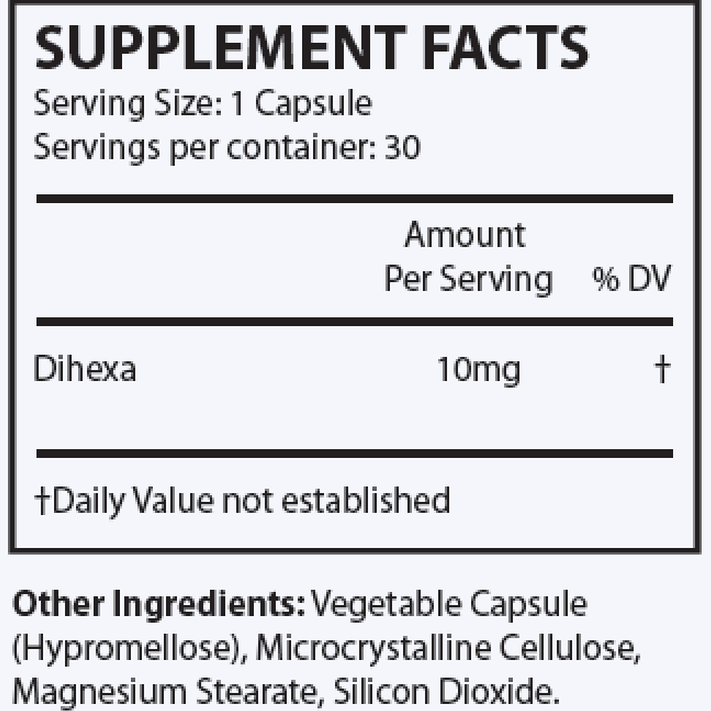 Explore the supplement facts for DIHEXA capsules by OHP Health, which provide 10mg per serving. This peptide formula is composed of hypromellose, microcrystalline cellulose, magnesium stearate, and silicon dioxide, designed to aid in recovery from neurological damage.