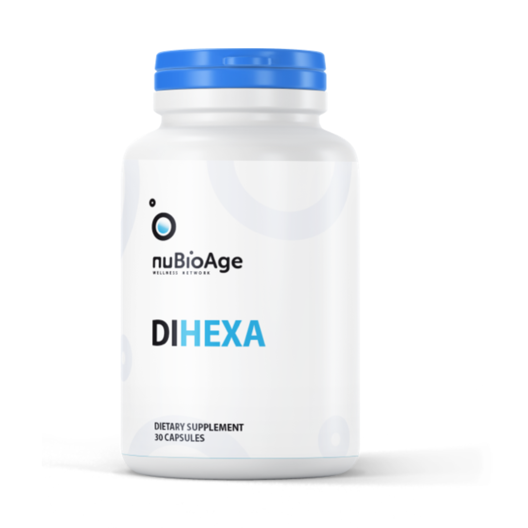 A white bottle labeled "OHP Health DIHEXA" with a blue cap contains 30 dietary supplement capsules designed to support neurological health through the innovative DiHEXA peptide compound.