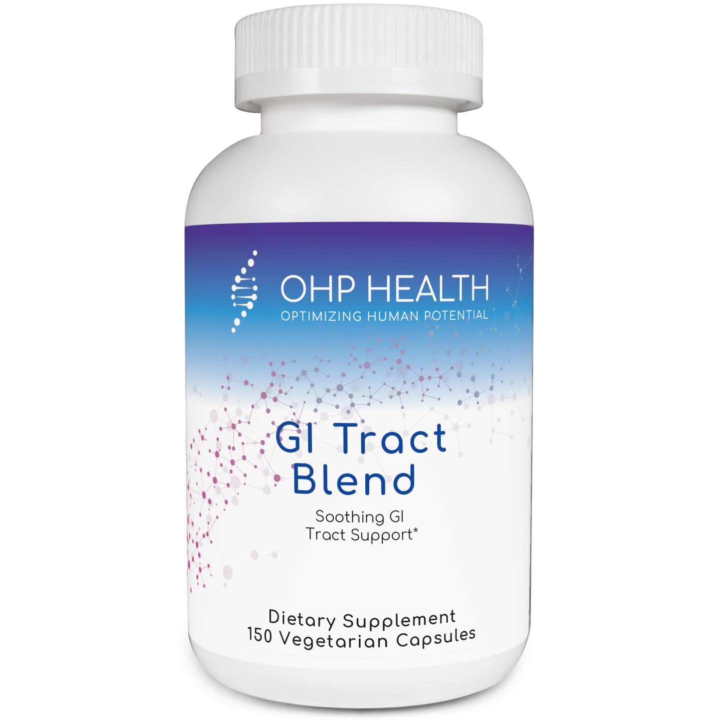 A bottle labeled "GI Tract Blend | 150ct" by OHP Health, containing 150 vegetarian capsules for digestive health and gastrointestinal support.