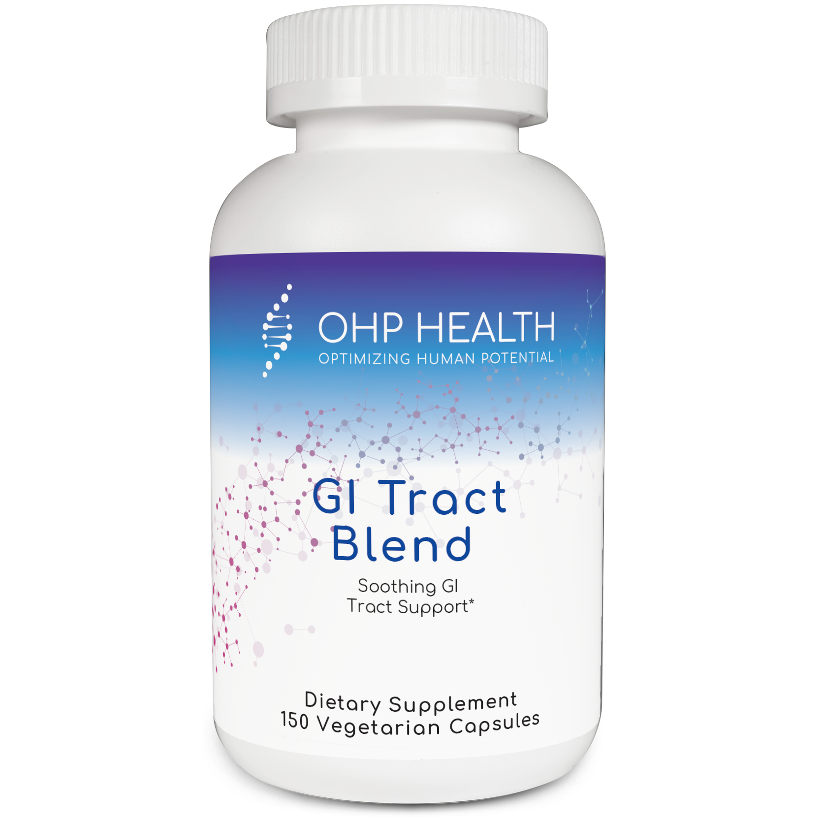 A bottle labeled "GI Tract Blend | 150ct" by OHP Health, containing 150 vegetarian capsules for digestive health and gastrointestinal support.