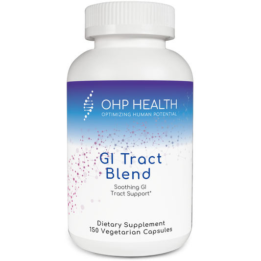 A bottle labeled "GI Tract Blend | 150ct" by OHP Health, containing 150 vegetarian capsules for digestive health and gastrointestinal support.