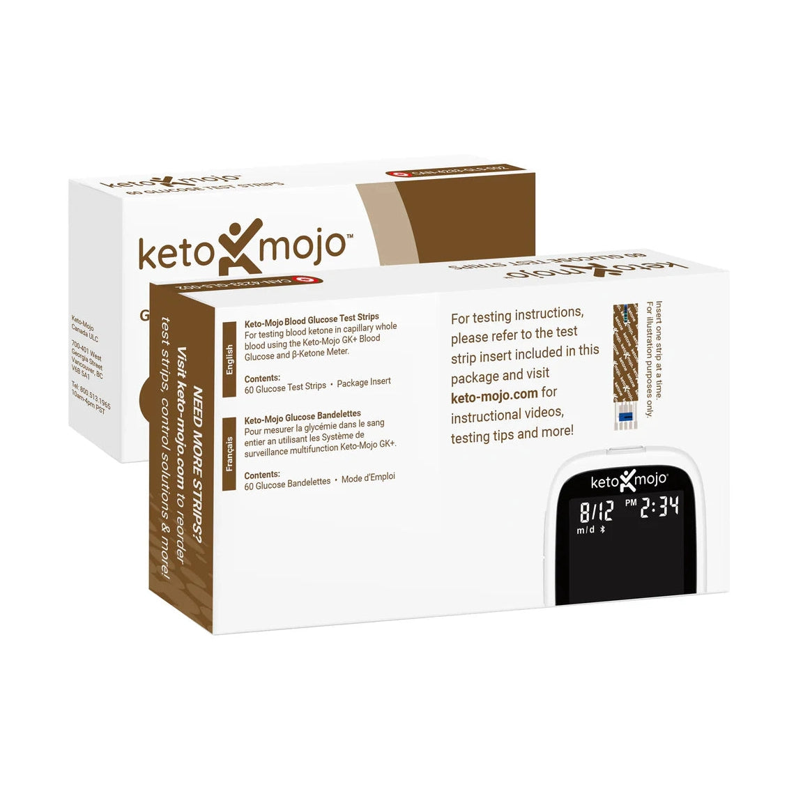 Two boxes of Keto Mojo Glucose Test Strips (60 pack) are displayed, each showing product details and an image of a blood glucose meter on the packaging for quick results.