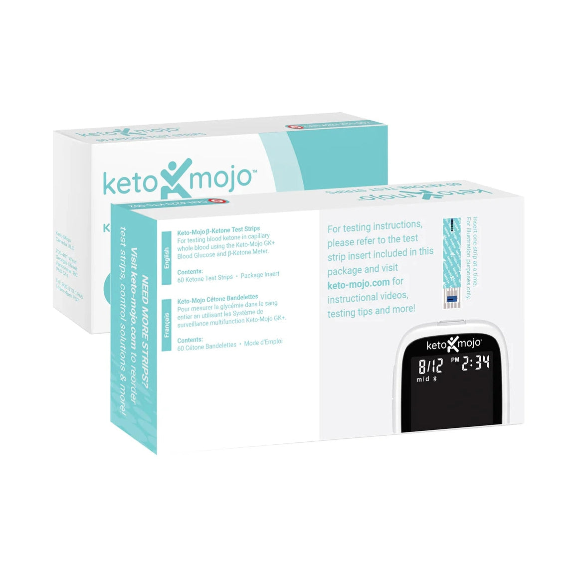 Two boxes of Keto Mojo Ketone Strips (60 pack) are shown, featuring product branding, usage instructions, and a glucose meter with a test strip—ideal for fast and accurate ketone measurement.