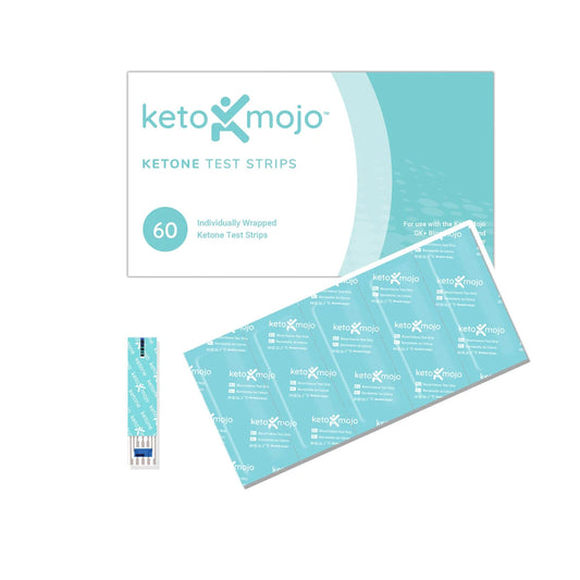 OHP Health Ketone Strips (60 pack) box shown with 60 individually wrapped strips, a single test strip, and a sheet of individually wrapped packets on display.