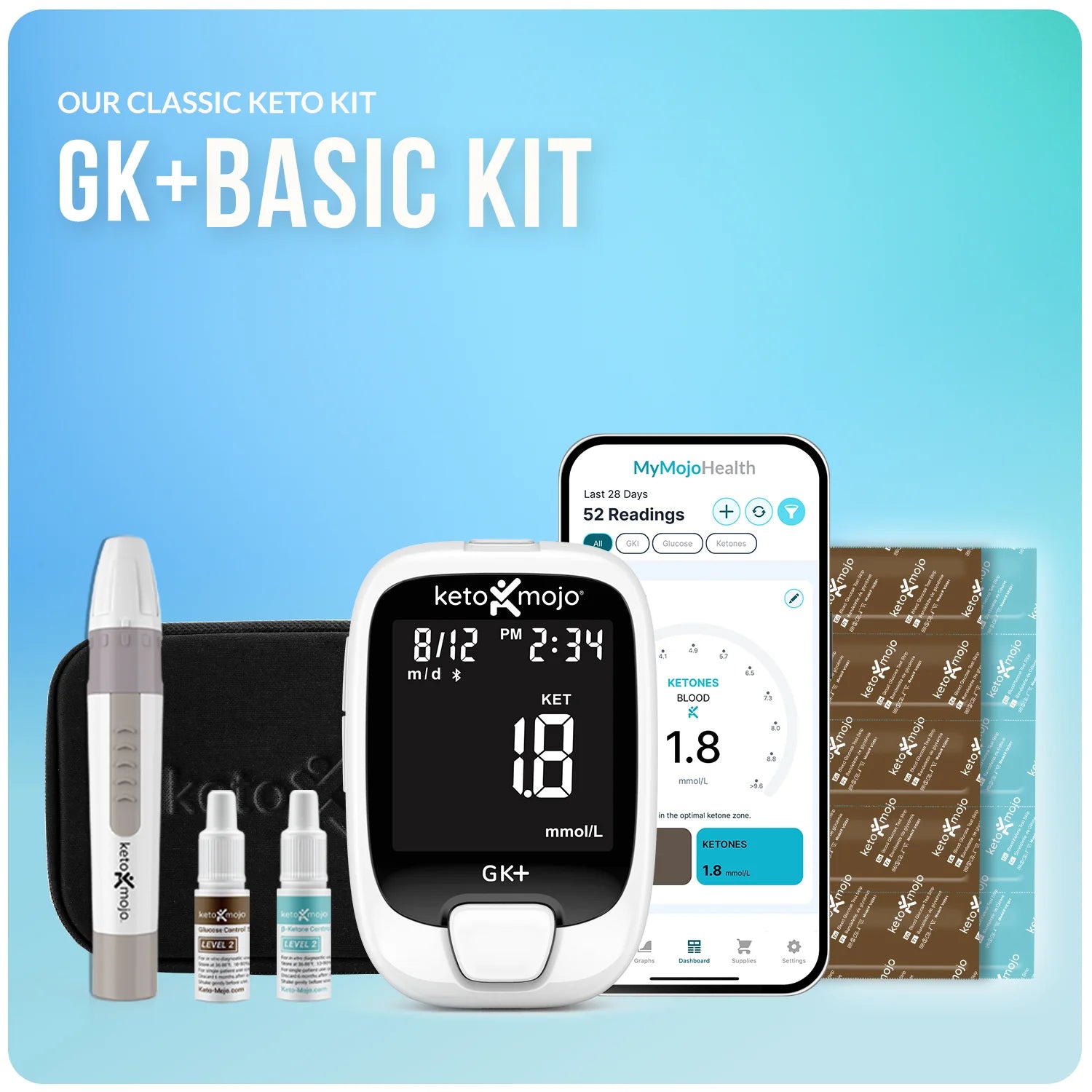 The Keto Mojo GK+ Blood Glucose and Ketone Meter – Basic Starter Kit includes a meter, lancet device, test strips, lancets, control solutions, carry case, and connects to a keto diet tracking app on your smartphone.