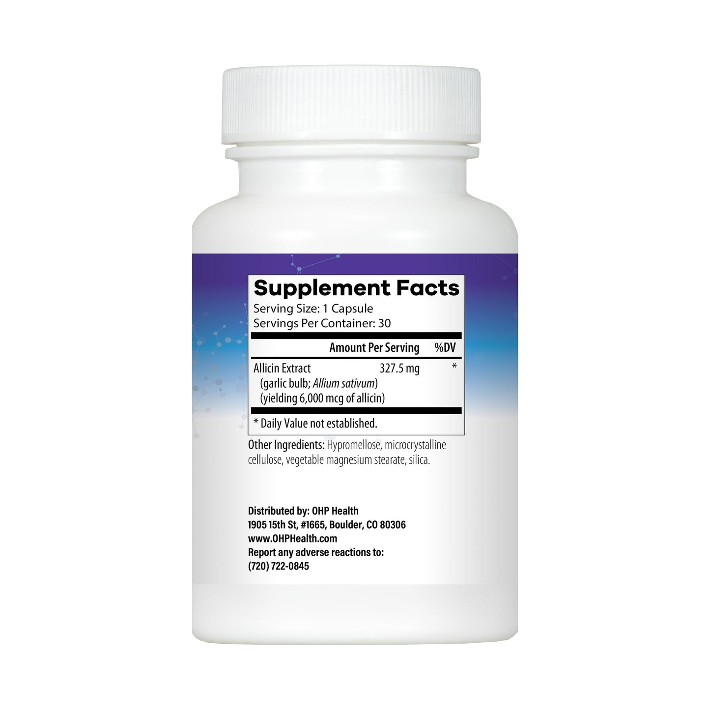 OHP Health Garlic HP 30 Capsules: white supplement bottle labeled "Supplement Facts"; each capsule offers 327.5 mg odorless garlic allicin extract for immune support, plus other ingredients and distributor info.