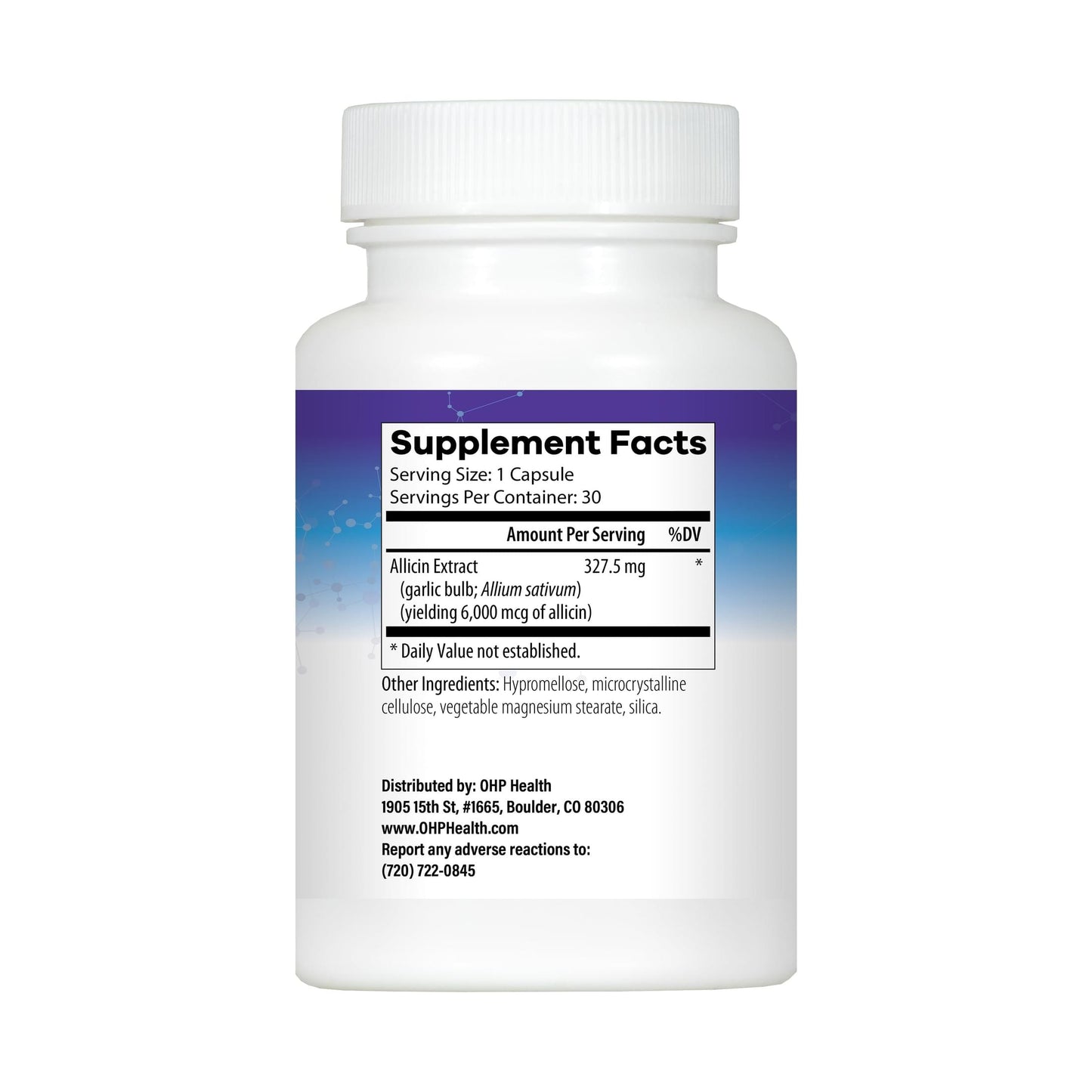 OHP Health Garlic HP 30 Capsules: white supplement bottle labeled "Supplement Facts"; each capsule offers 327.5 mg odorless garlic allicin extract for immune support, plus other ingredients and distributor info.