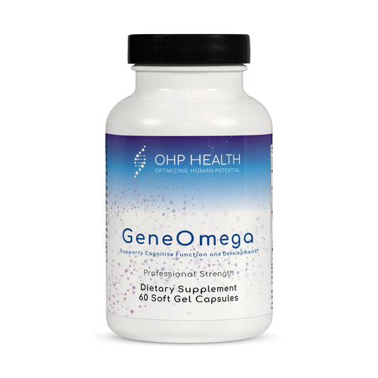 GeneOmega Fish Oil by OHP Health comes in a white bottle with 60 soft gel capsules, providing omega-3 fatty acids to support cognitive function and development.